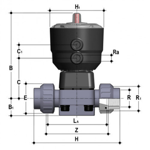 Мембранный клапан ПВХ с пневмоприводом PN10 EPDM 3/4 FIP DKUFVNO034E