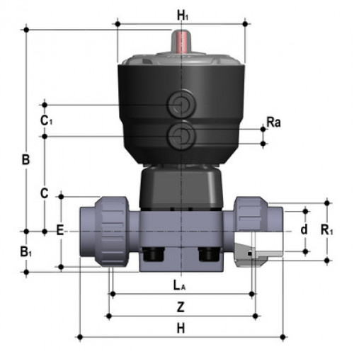 Мембранный клапан ПВХ с пневмоприводом НЗ PN10 разборные муфтовые окончания FKM 20 мм FIP DKUIVNC020P